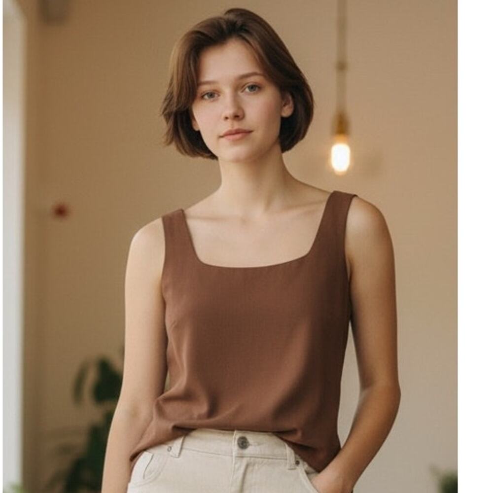 Vintage Donna Morgan Silk Linen Blend Brown Tank Blouse Minimalist Size 4